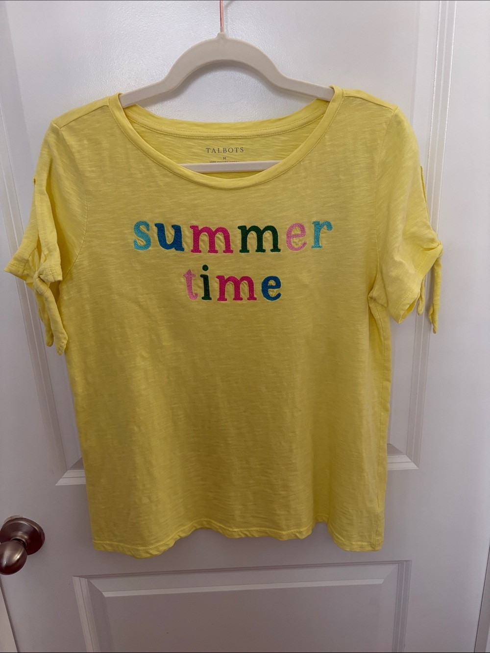 Talbots Yellow Tee with Multicolor "summer time" Embroidery